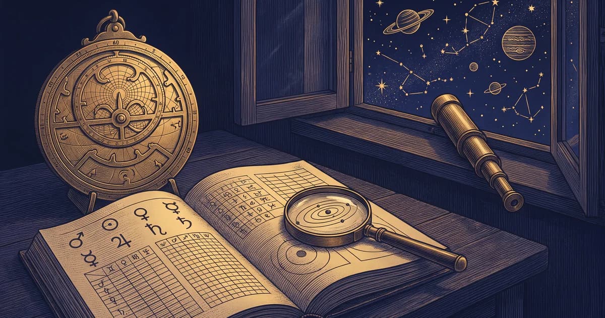 Pravdivý horoskop: astroláb, stará kniha s planetárnymi symbolmi, lupa nad dráhami planét a ďalekohľad pri okne do nočnej oblohy