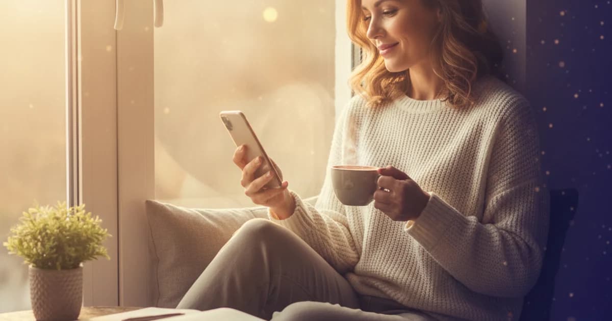 Žena pri okne s rannou kávou a mobilom v ruke číta svoj dnešný horoskop