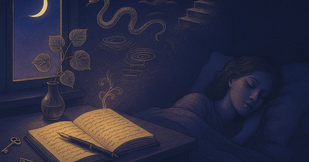 Spoľahlivý online snár: otvorený denník snov na nočnom stolíku na úsvite, lipová vetvička a doznievajúce obrazy sna