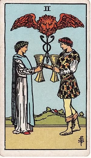 Dvojka pohárů — tarot karta Rider-Waite-Smith (Two of Cups)