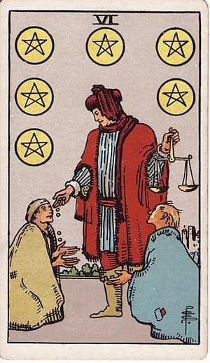 Šestka pentaklů — tarot karta