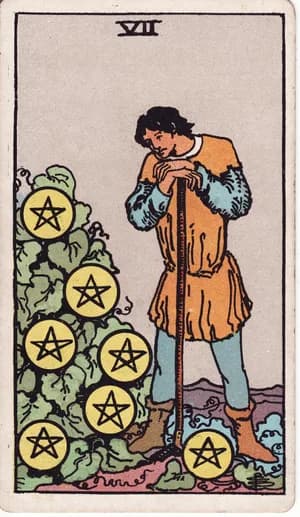 Sedmička pentaklů — tarot karta Rider-Waite-Smith (Seven of Pentacles)