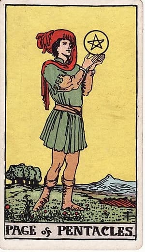 Páže pentaklů — tarot karta Rider-Waite-Smith (Page of Pentacles)